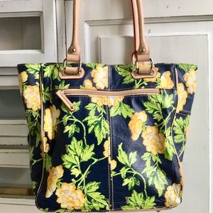 Tignanello Navy & Yellow Floral Leather Handbag
